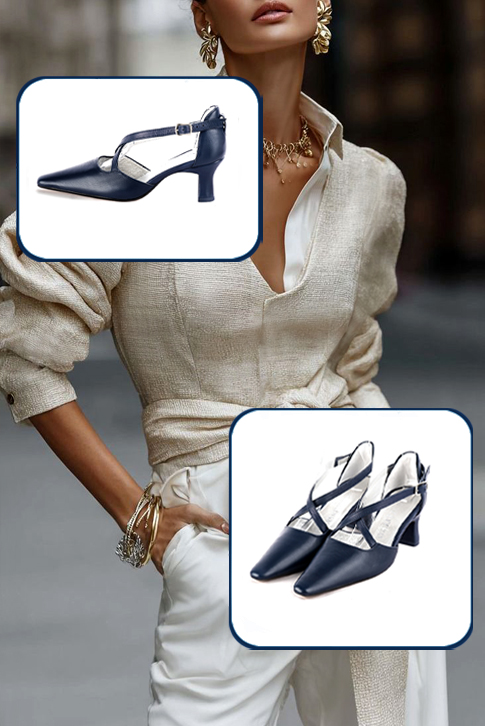 Dress heels closed-back crossed straps in navy blue leather with medium spool heels and tapered toe - Worn view